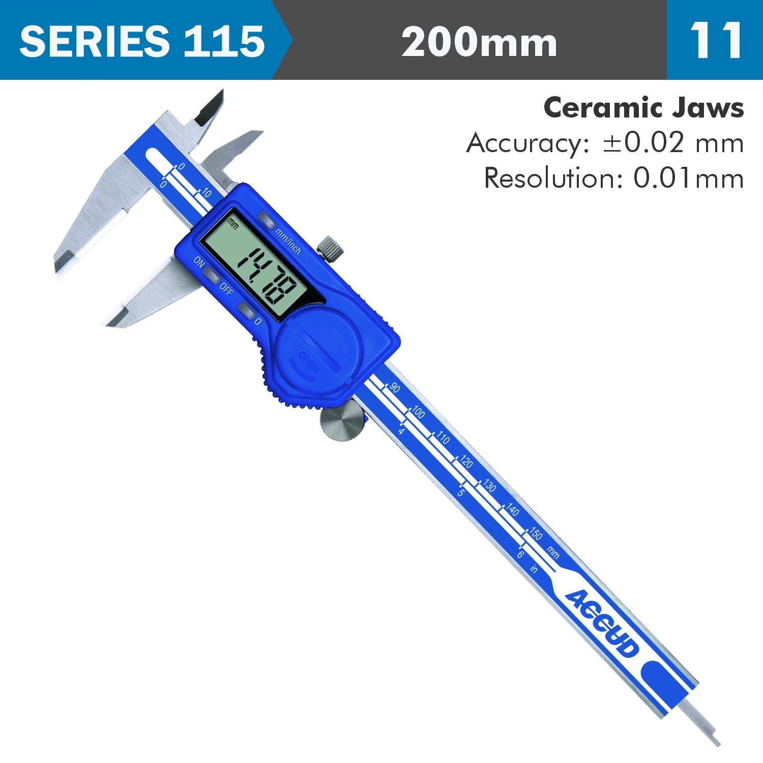 Dig. Caliper 200mm 0.02mm Acc. Ceram. Jaws S/steel 0.01mm Res.