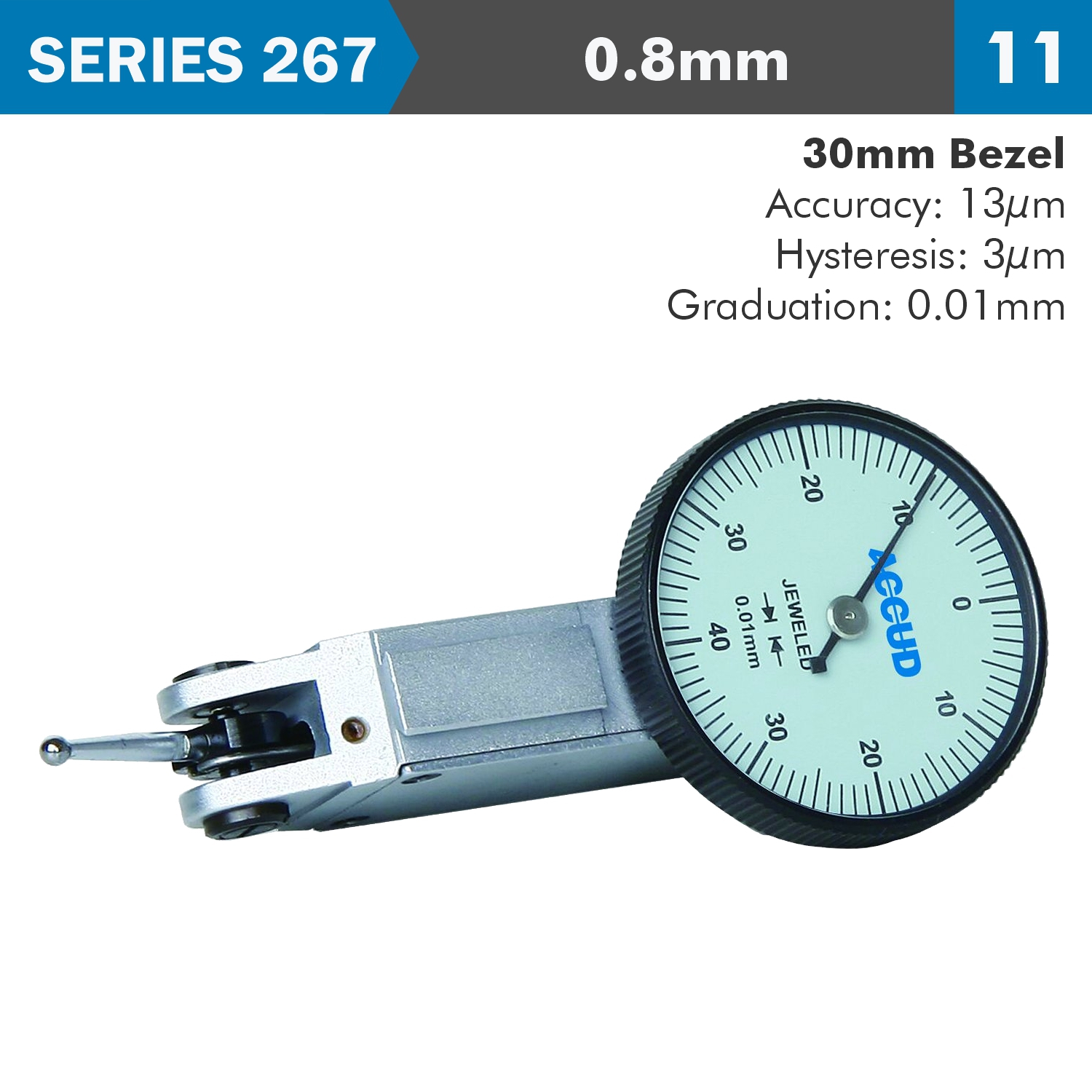 Dial Test Indicator 0.8mm 30mm Bezeld 0.013mm Acc. 0.01mm Grad