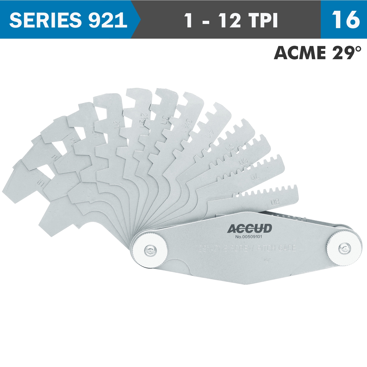 Pitch Gauge 1-12tpi 2acme29 Deg. Thread 16 Leaves 0.07mm Acc.