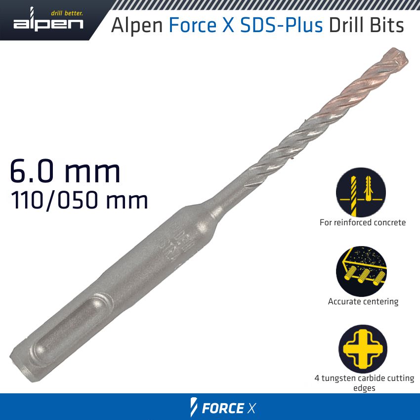 Force X 6.0 X 110/050 Sds-plus Rebar Drill Bit X4 Cutting Edges - Bulk