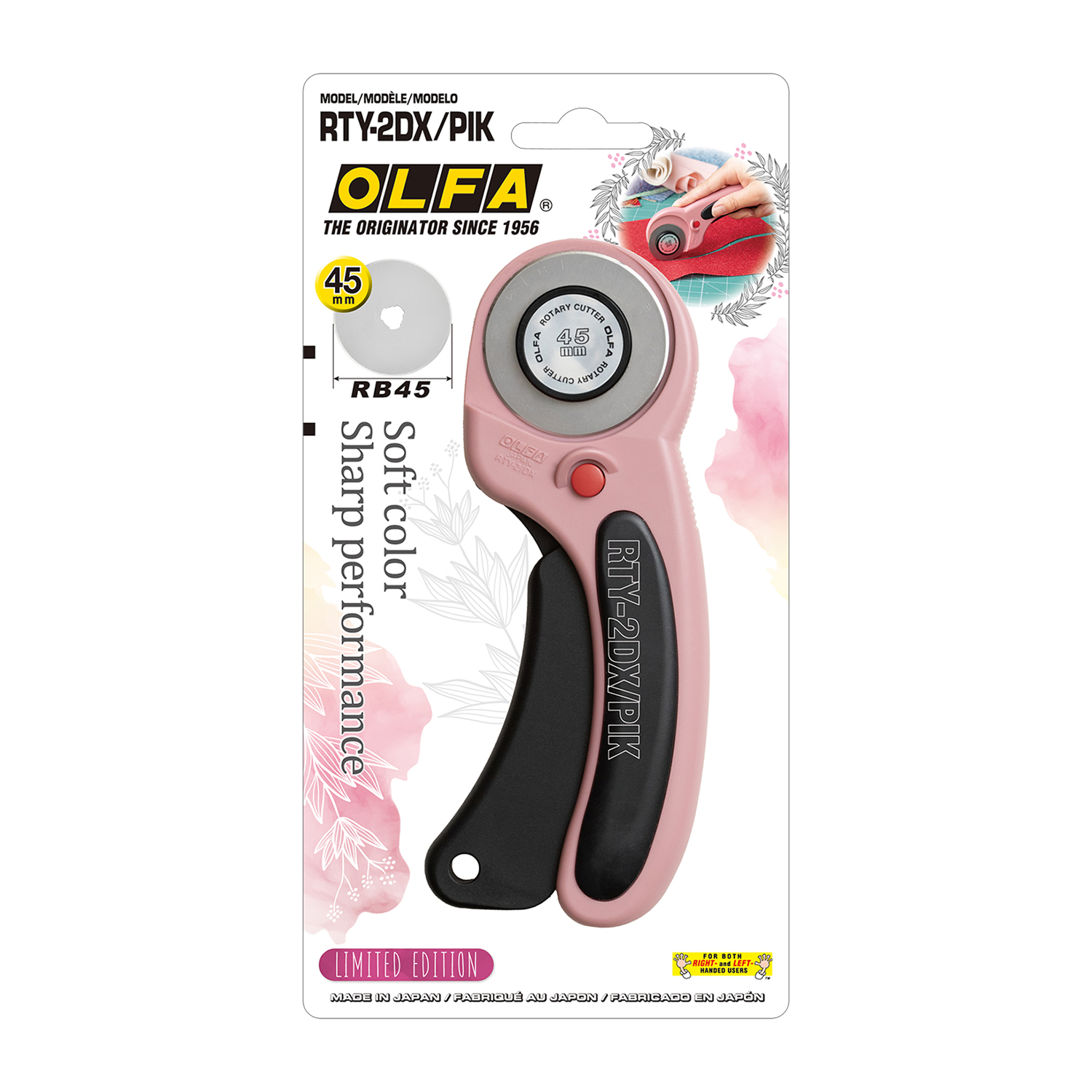 Olfa Rotary Delux Safety Cutter 45mm Blade R/l Handed Pink