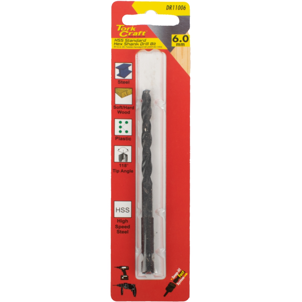 Drill Bit Hss Standard 6.0mm Hex Shank 1/card