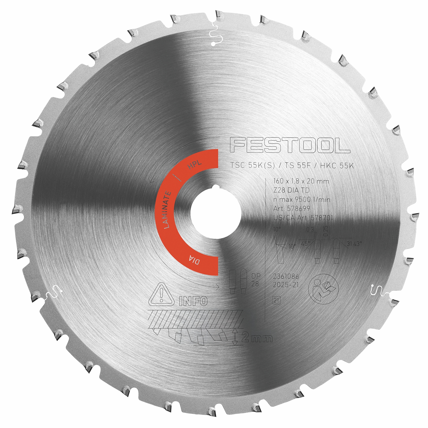 Festool DIA 160x1,8x20 TD28 Diamond Saw Blade for Laminate and HPL 160mm 28T