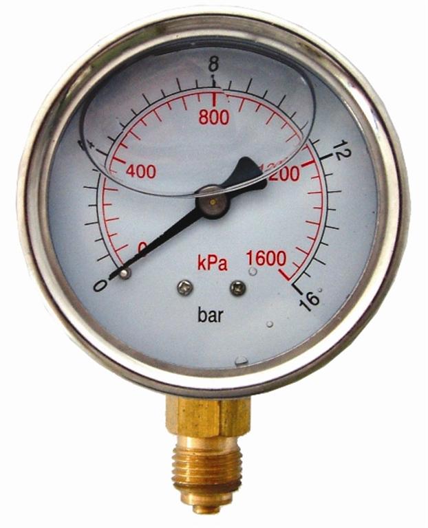 Press. Gauge 63mm Glycerine 1/4' Bot. Fit Metal Case 0-16bar 0-1600kpa