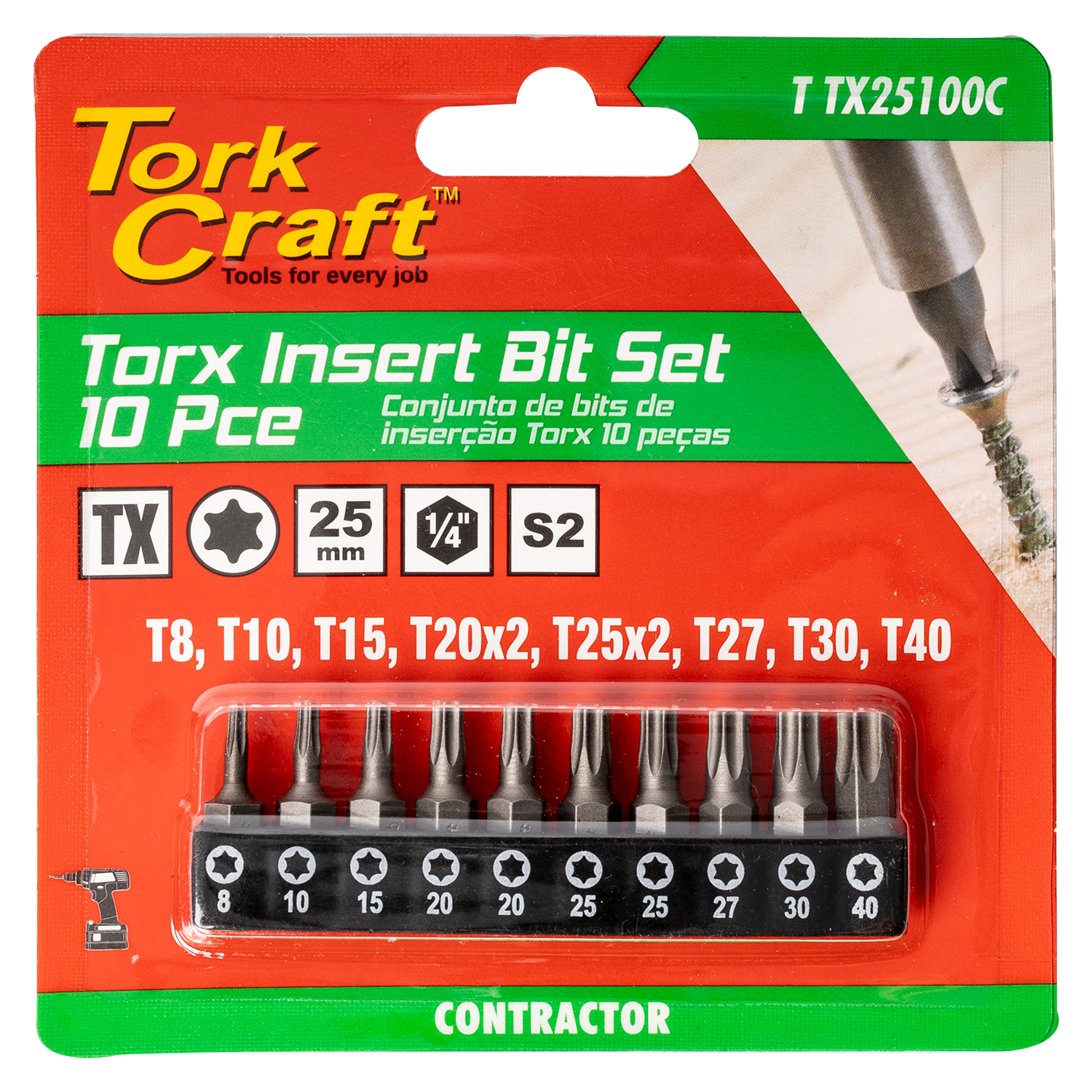 10pc Torx 25mm Insert Bit Set (t8, T10, T15, T20x2, T25x2, T27, T30, T