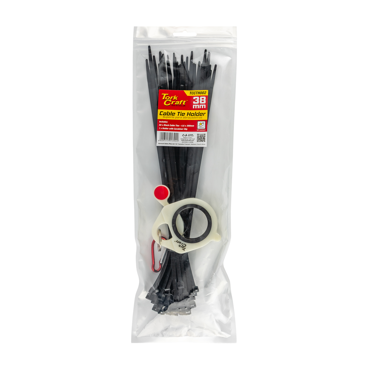 Tork Craft TCCTH002 Cable Tie Holder 38mm & Carabiner Clip Lumin Material With 50pc Black Cable Ties 4.8 x 300mm