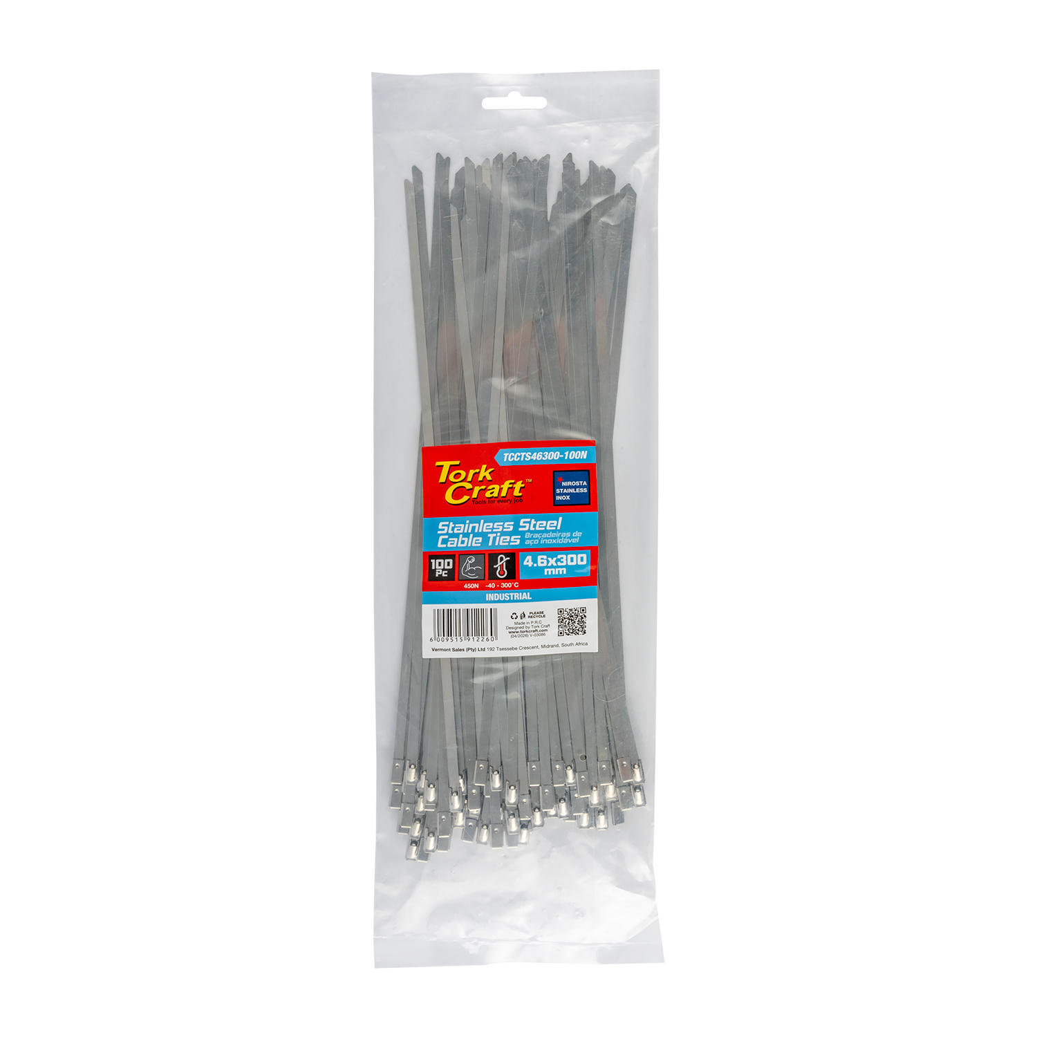 S/steel Cable Ties Ss304 4.6mm X 300mm Natural 100pc