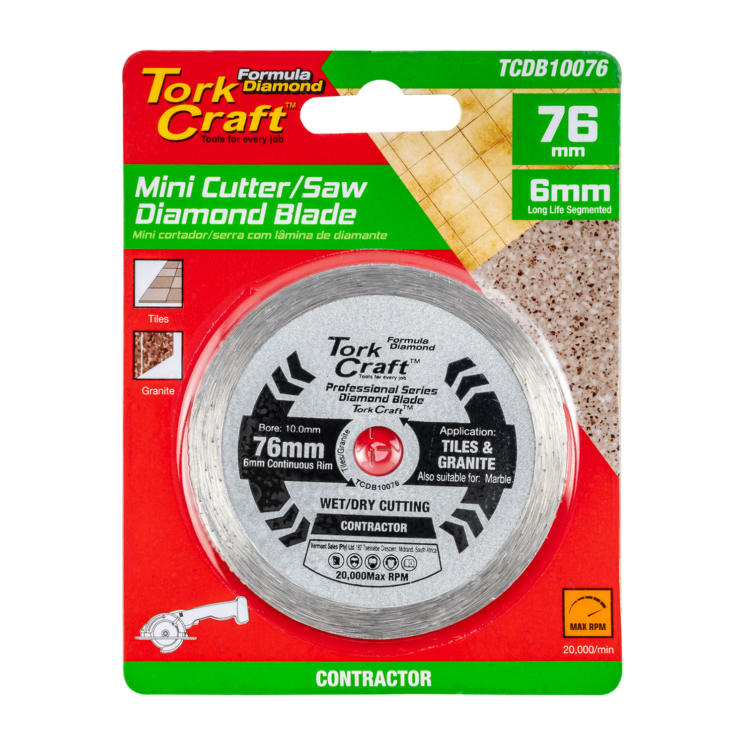 Diamond Blade 76mm X 10mm Cont. Rim Mini Cutter Saw