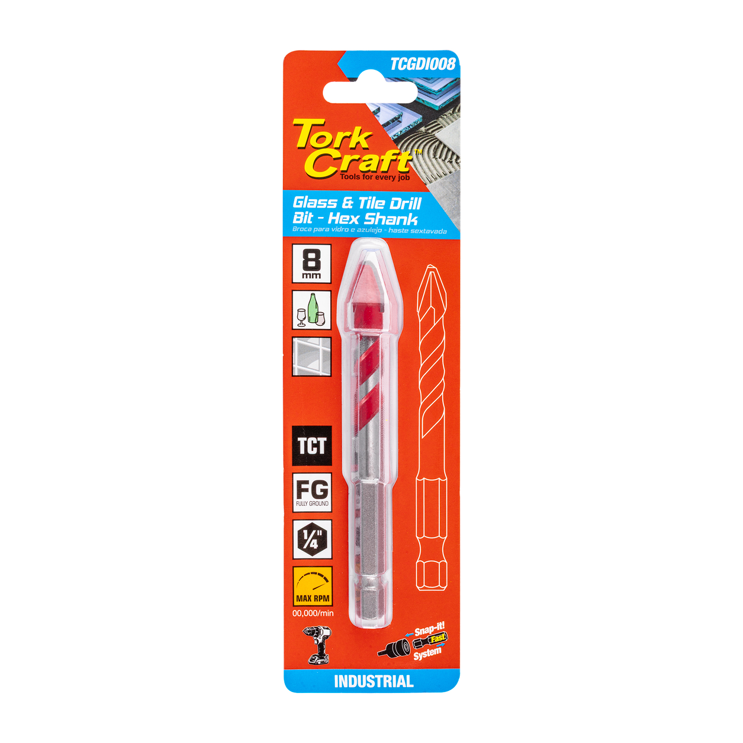 Glass & Tile Drill 8mm Hex Shank Industrial