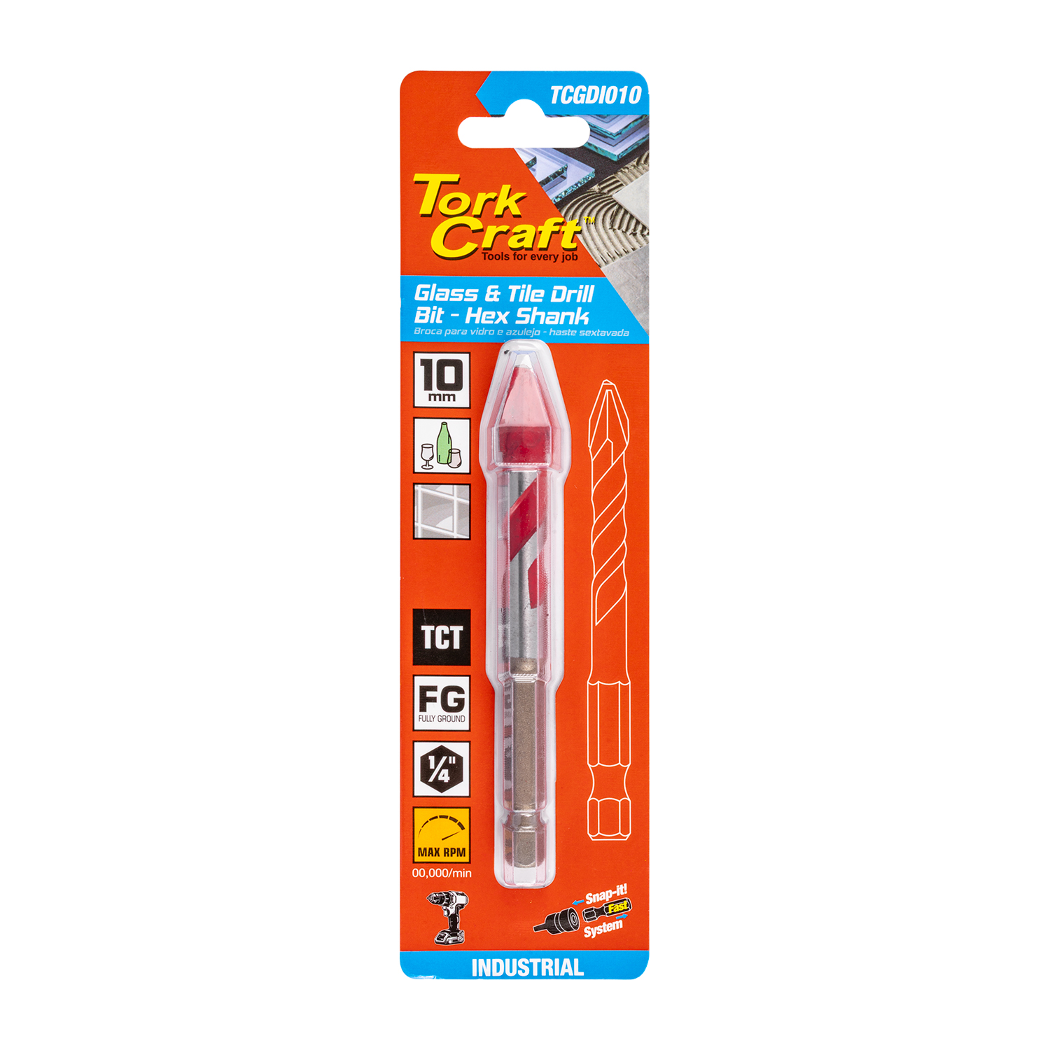 Glass & Tile Drill 10mm Hex Shank Industrial