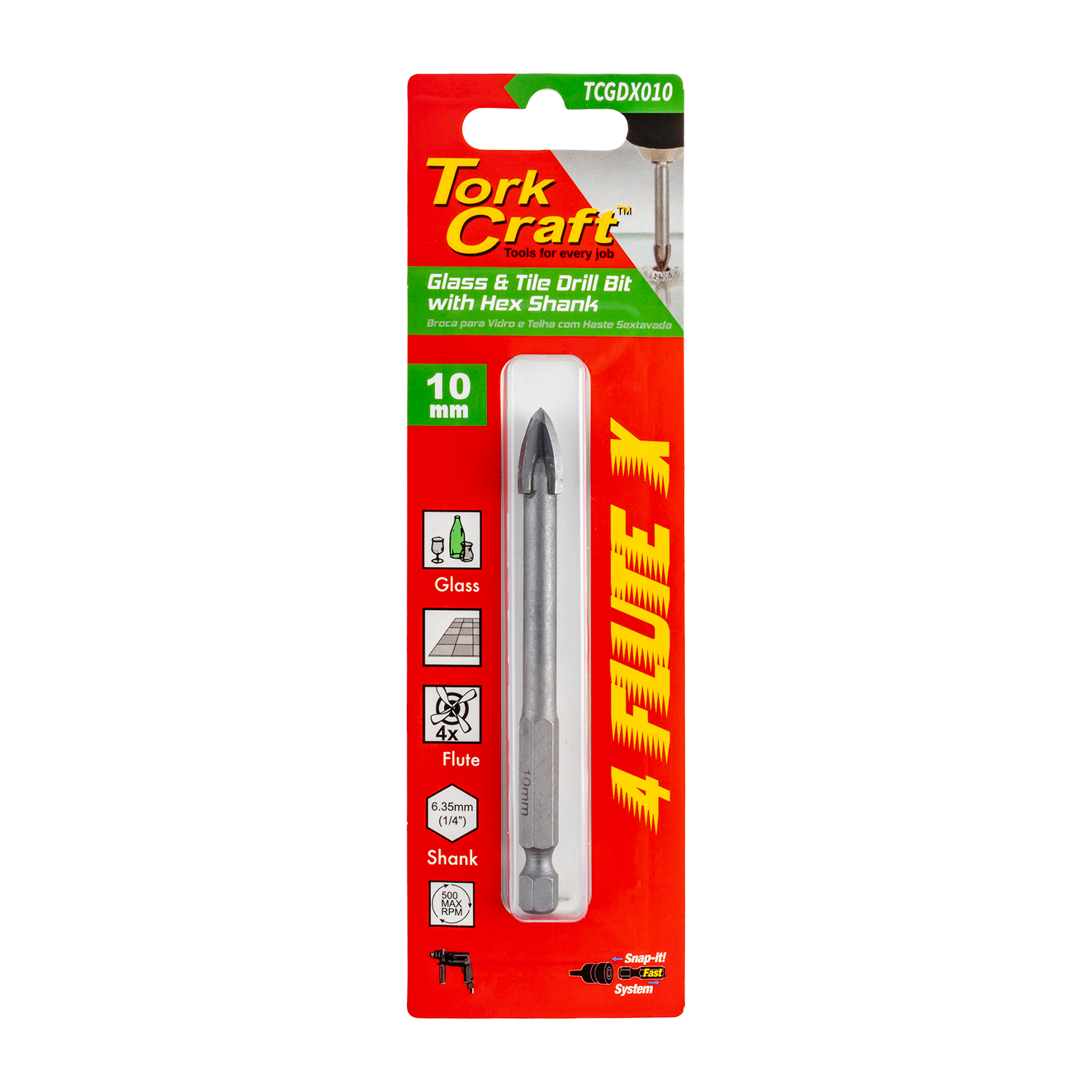 Glass & Tile Drill 10mm 4 Flute With Hex Shank