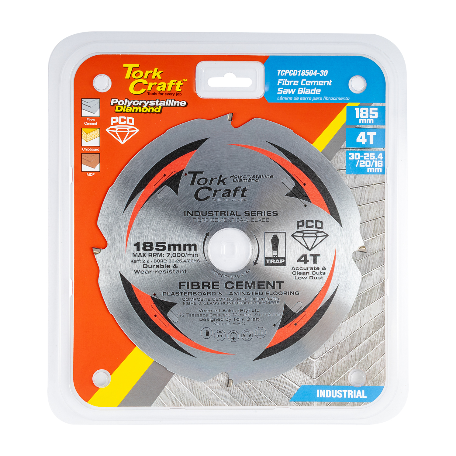 Tork Craft TCPCD18504-30 PCD Saw Blade 185mm x 4T x 30-25.4/20/16mm Fibre Cement MDF Chipboard