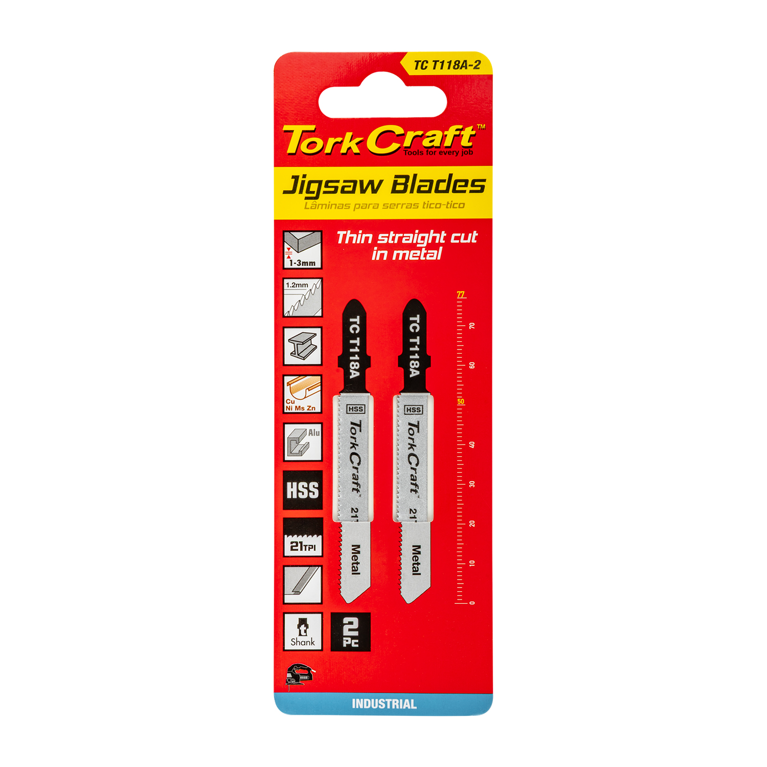 T-shank Jigsaw Blade For Metal 1.2mm 21tpi 75mm 2pc