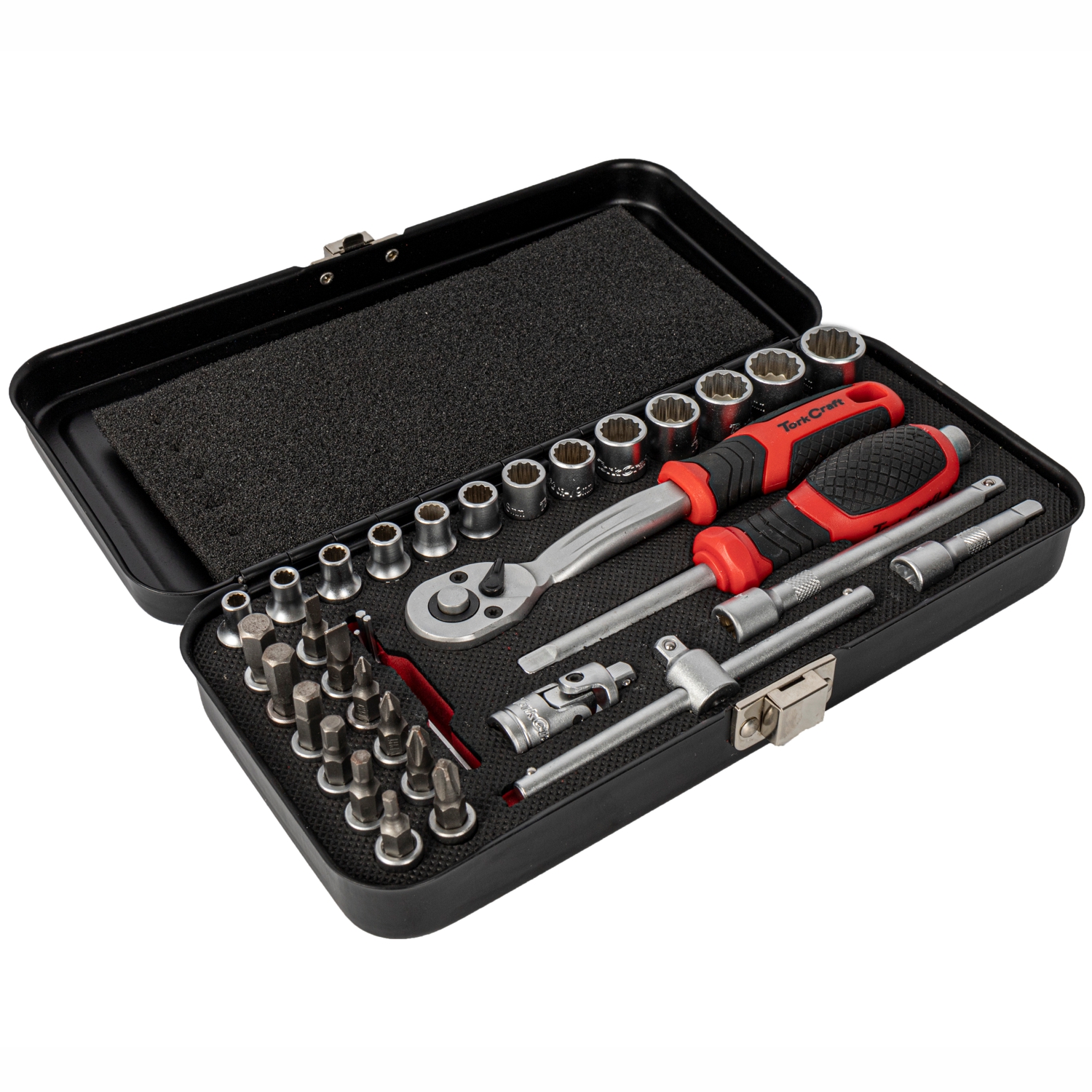 Tork Craft 34pc 1/4' Drive Socket & Ratchet Set 4-14mm 12 Point in Metal Case
