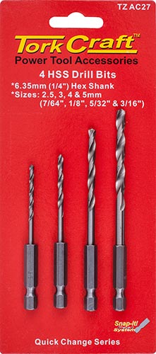 Hex Shank Drill Bit 4 Pce Set 2.5mm 3mm 4mm 5mm