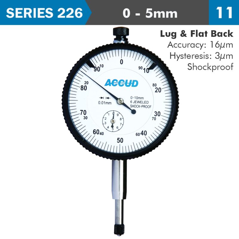 DIAL INDICATOR 5MM SHOCKPROOF 0.01MM GRAD. LUG&FLAT BACK
