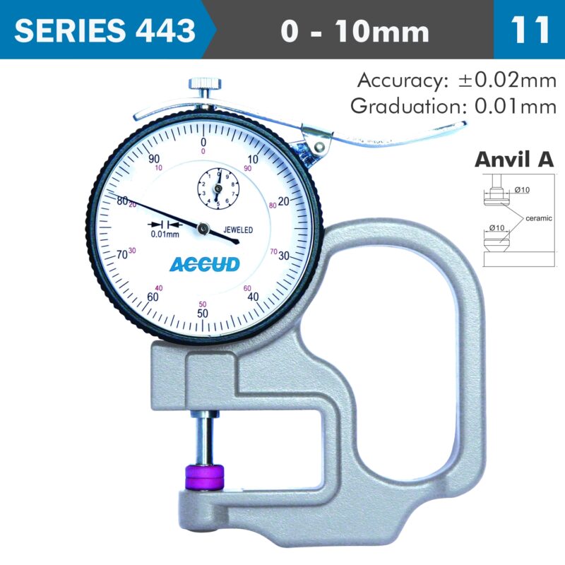 THICKNESS GAUGE 10MM 0.02MM ACC. CERAMIC ANVIL 0.01MM GRAD.