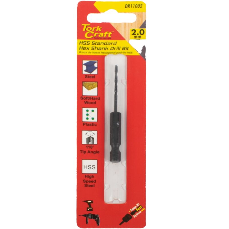 DRILL BIT HSS STANDARD 2.0MM HEX SHANK 1/CARD