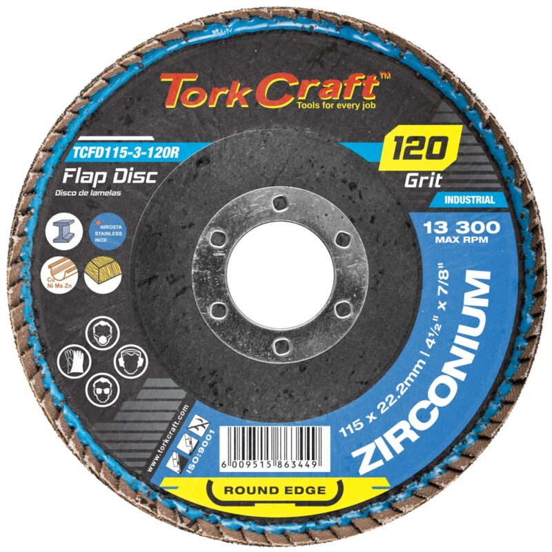 FLAP DISC ROUND EDGE ZIRCONIUM 115MM 120 GRIT FLAT