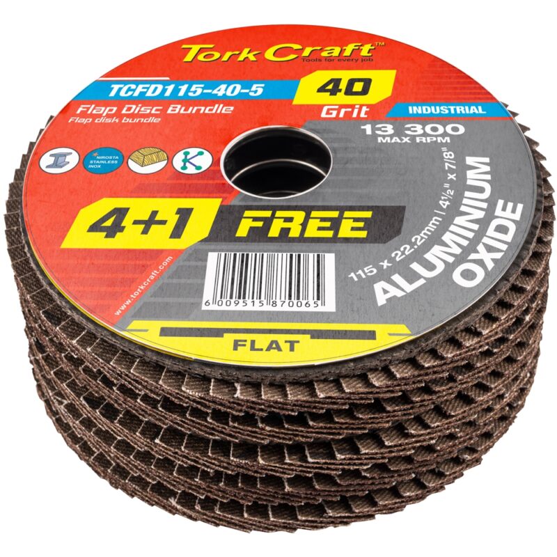 FLAP SANDING DISC 115MM 40GRIT 4+1 FREE A/O
