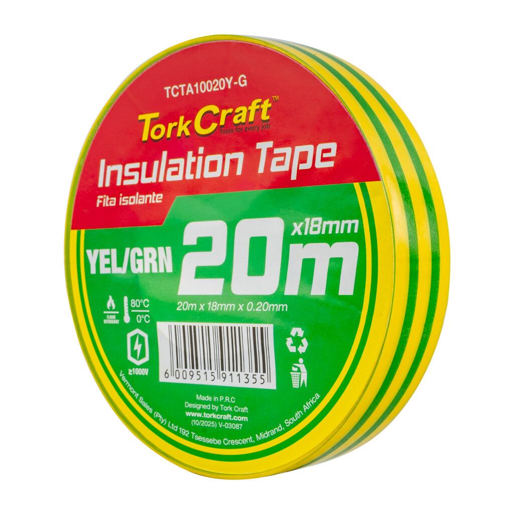 0.20MMX18MMX20M YELLOW AND GREEN INSULATION TAPE | Shop Pro-Connect South Africa
